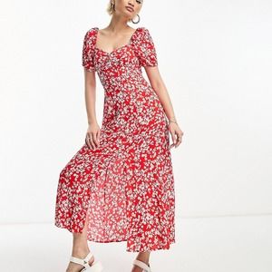 & Other Stories puff sleeve midi dress in red floral